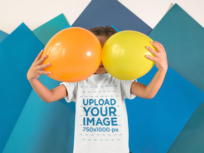 Little Kid with Balloons on his Face Wearing a Round Neck T-Shirt Mockup