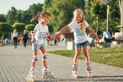 V-Neck and Round-Neck Tee Featuring Two Happy Girls Riding Roller Skates in the Park