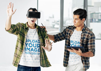 T-Shirt Mockup of Two Young Men Trying out a VR Headset 42323-r-el2