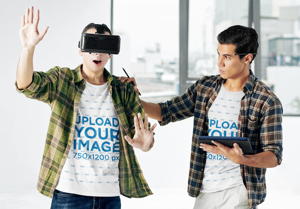T-Shirt Mockup of Two Young Men Trying out a VR Headset
