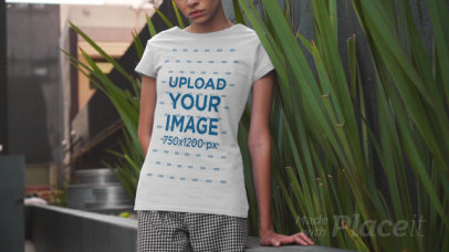 Round-Neck T-Shirt Video of a Woman by an Urban Planter