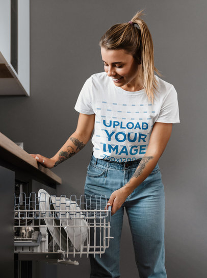 T-Shirt Mockup of a Woman Using a Dishwasher