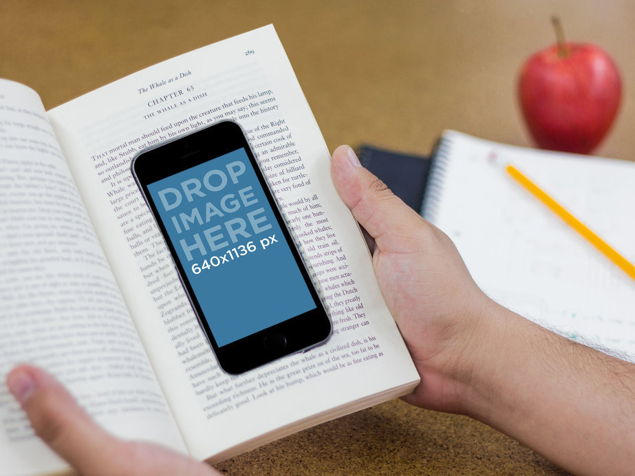 Mockup of an iPhone 5s Hidden in Book at School