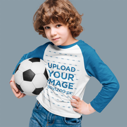 Raglan Long Sleeve Tee Mockup of a Boy Posing with a Soccer Ball