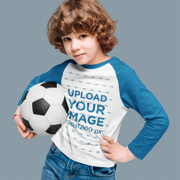 Raglan Long Sleeve Tee Mockup of a Boy Posing with a Soccer Ball