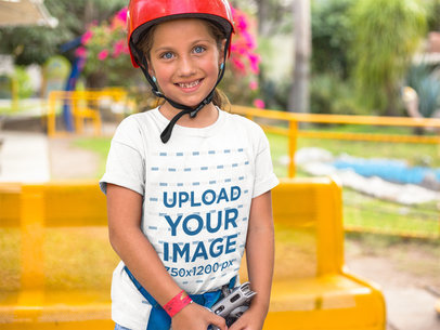 Smiling Kid Getting Ready for the Zipline While Wearing a Round Neck Tee Mockup a16156