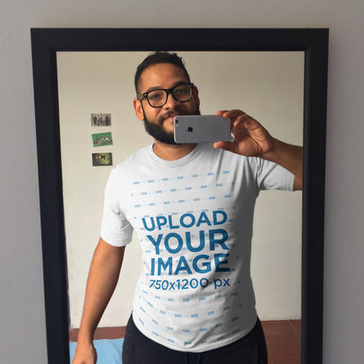 Selfie of a Dude with Glasses and a Beard Wearing a Round Neck Tee Mockup