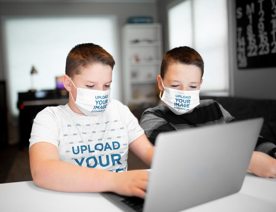 T-Shirt Mockup Featuring Two Kids Wearing Face Masks 