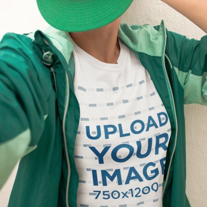 Selfie of a Woman Wearing Green Clothes and a Round Neck T-Shirt Mockup