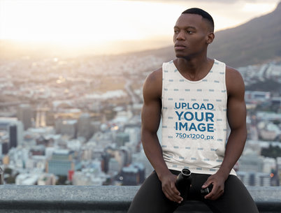 Heathered Tank Top Mockup of a Man Posing Against a City View