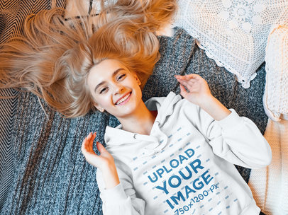 Pullover Hoodie Mockup of a Cheerful Woman Lying on a Bed m5175 r-el2