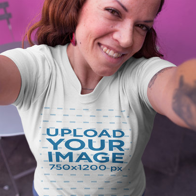 Selfie of a Customer Wearing a T-Shirt Template at a Coffeeshop