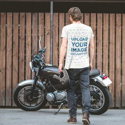 T-Shirt Mockup of a Biker Walking Towards His Motorcycle m4753-r-el2