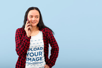 Tank Top Mockup of a Woman With a Flannel on the Phone