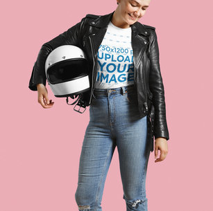 Rounded-Neck Tee Mockup of a Female Biker Holding a Helmet m6281 r-el2