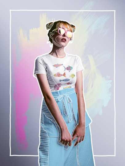 Blonde Woman Wearing a Fashion Round Neck T-Shirt Mockup and Yellow Sunglasses