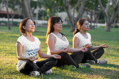 T-Shirt and Tank Top Mockup of Three Women Meditating in a Park