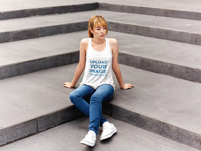 Serious White Girl Wearing a Bella Flowy Tank Mockup While Sitting on Concrete Stairways a16124