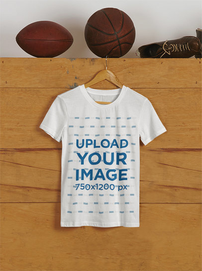 Mockup Featuring a Round-Neck Tee Hanging by Sports Balls