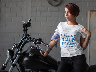 T-Shirt Mockup of a Woman Posing Next to Her Motorcycle
