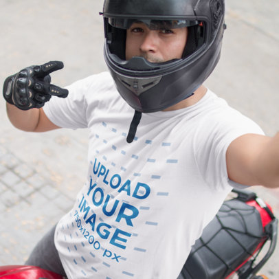 Selfie of a Motorcyclist Wearing a Round Neck Tee Mockup