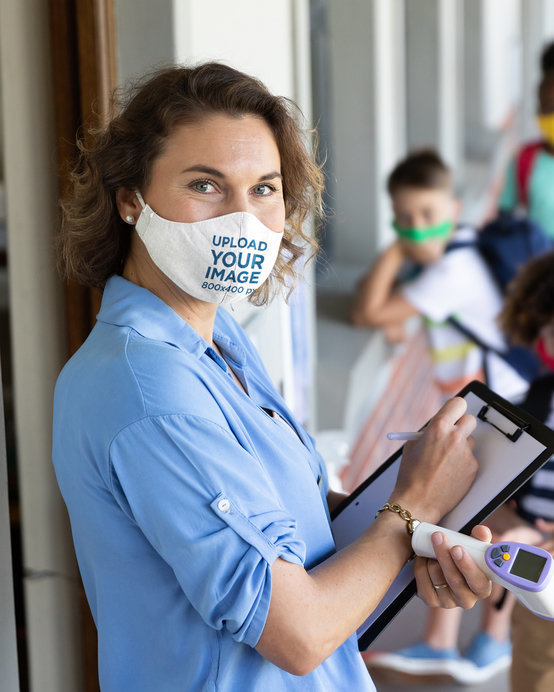 Mockup of a Female Teacher Wearing a Face Mask