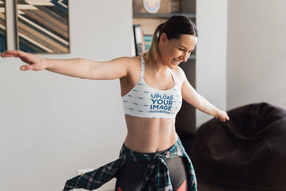 Sports Bra Mockup of a Happy Woman Dancing at Home