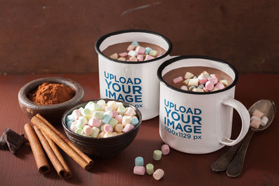 Mockup of Two Enamel Mugs with Hot Cocoa and Marshmallows
