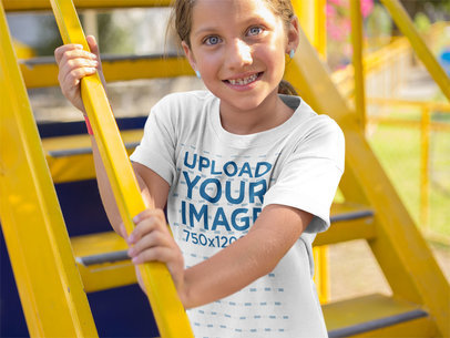 Happy Little Girl Wearing a Round Neck Tee Mockup While on Yellow Stairs Outdoors
