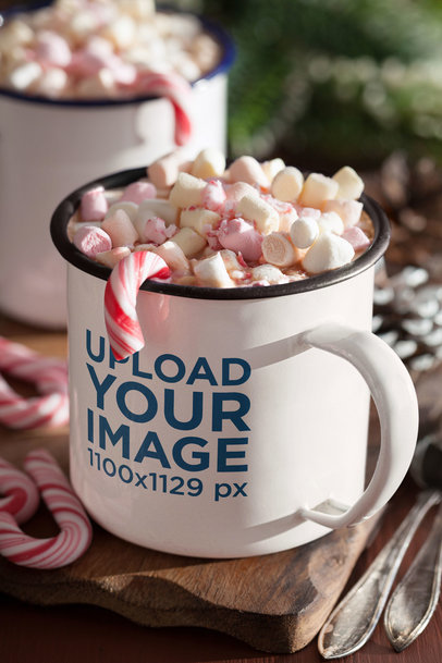 Mockup of an Enamel Mug With Hot Chocolate and Marshmallows
