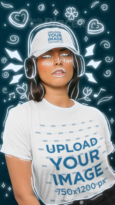 T-Shirt and Dad Hat Video Featuring a Woman and Music-Related Doodles