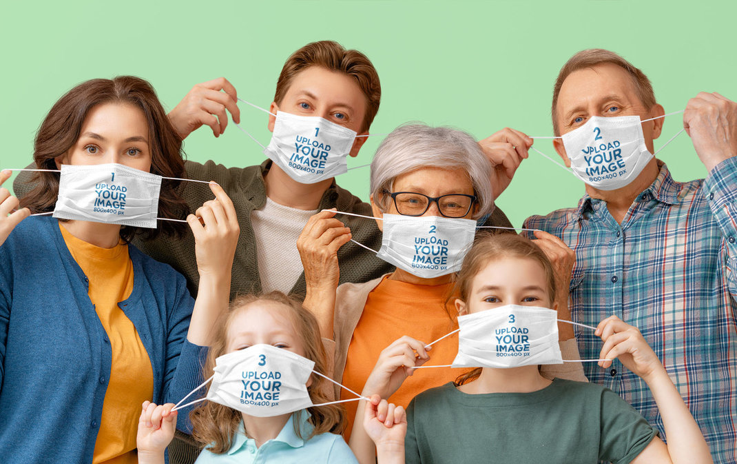 Mockup of a Happy Family Playfully Wearing Face Masks
