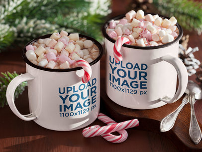 Mockup of Two 12 Oz Enamel Mugs With Hot Chocolate and Marshmallows