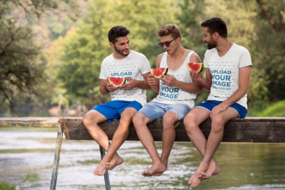 Heathered Tank Top and T-Shirt Mockup Featuring Three Men Eating Watermelon m5428 r-el2