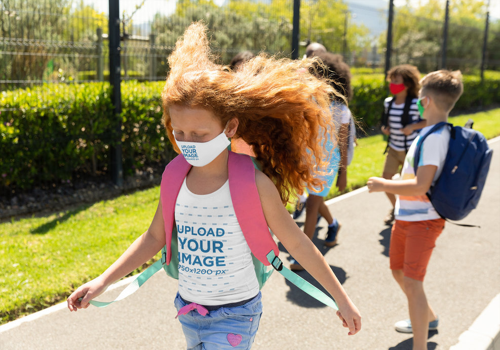 Face Mask and Tank Top Mockup Featuring a Girl with Long Hair at School