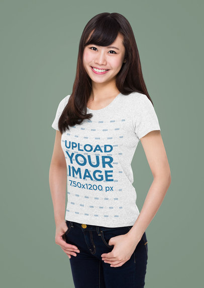 Mockup of a Woman Wearing a Scoop-Neck Heathered T-Shirt in a Studio