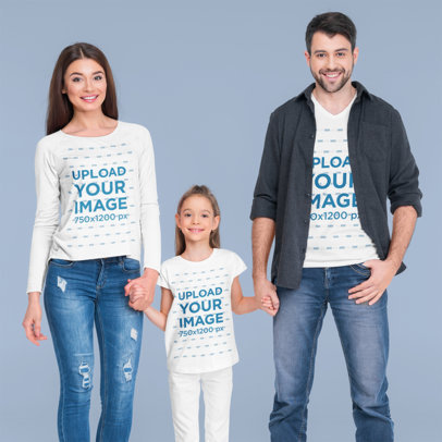 Long Sleeve Tee and T-Shirt Mockup Featuring a Family Holding Hands