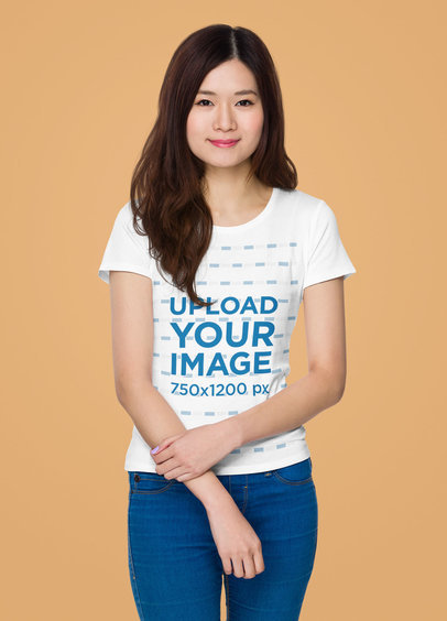 Basic Tee Mockup Featuring a Long-Haired Woman at a Studio