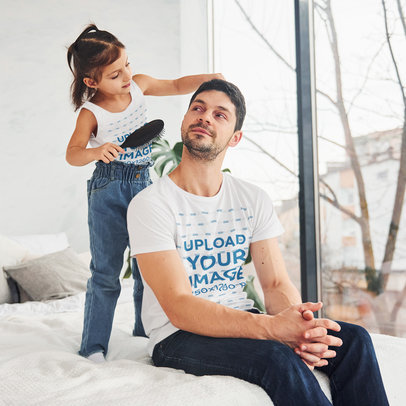 T-Shirt and Tank Top Mockup Featuring a Girl Combing her Dad's Hair