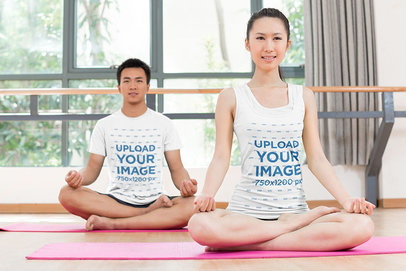 Tank Top and T-Shirt Mockup of a Man and a Woman at a Yoga Class