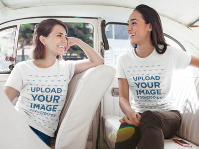 Two Happy Women Talking While Wearing Different Tees Template Inside a White Car