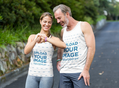 Tank Top Mockup of a Man and a Woman Checking Their Running Time 44974-r-el2