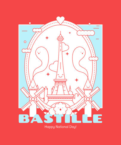 Bastille Day T-Shirt Design Template with an Illustrated Eiffel Tower