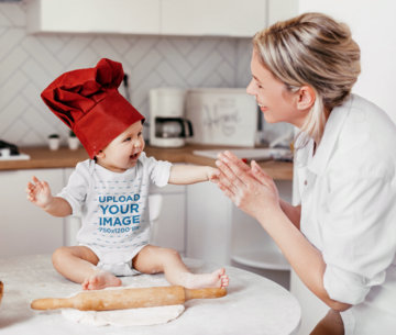 Onesie Mockup of a Baby With His Mom in the Kitchen