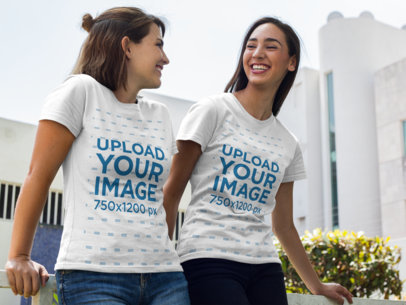 Two Smiling Women Talking in the Garden Wearing Round Neck Tees Mockup