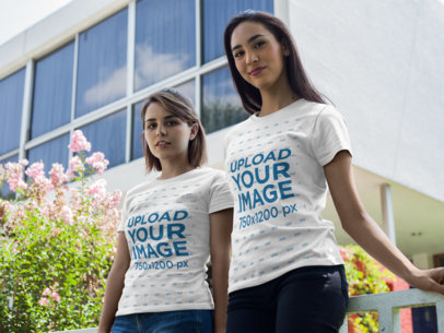 Pair of Beautiful Women Wearing Round Neck Tees Template While Near a White Building Outdoors
