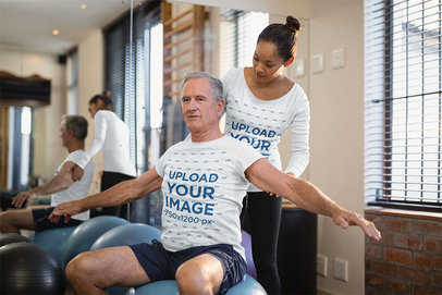 T-Shirt and Long Sleeve Tee Mockup of a Senior Man Working Out with a Coach 44730-r-el2