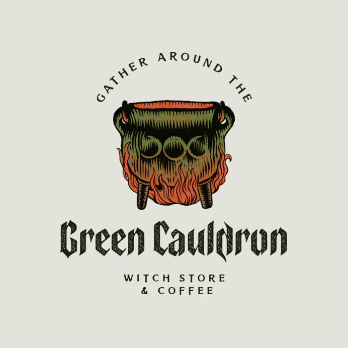 Witchcraft-Themed Logo Maker for a Coffee Shop Featuring a Cauldron Clipart 