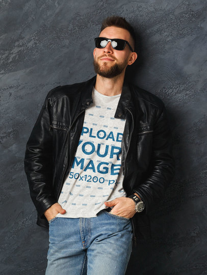 Heather T-Shirt Mockup of a Serious Man With Sunglasses 