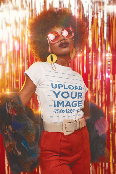 Tee Mockup Featuring a Woman in a 70's Disco m10117